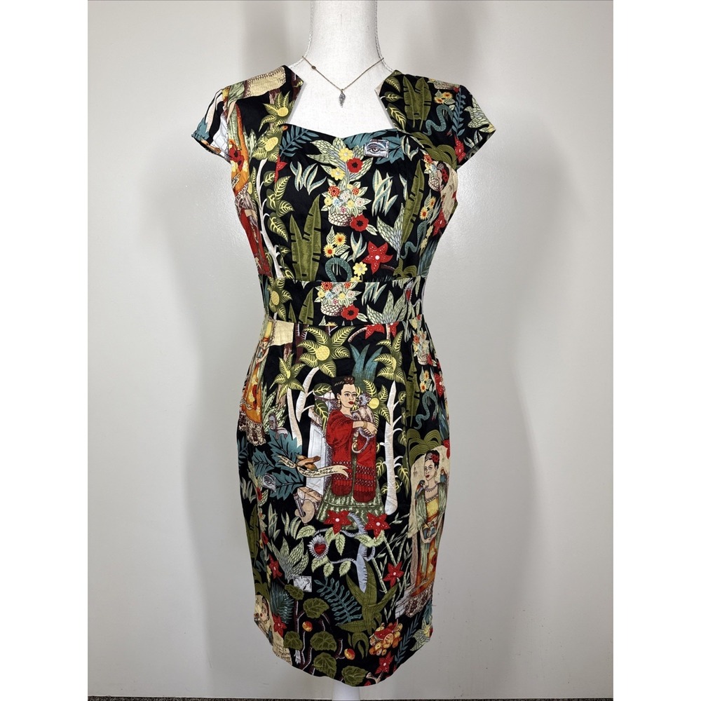 Grace Karin Frida Kahlo 50s Pin Up Dress M Cotton Cap Sleeve Pencil Bodycon